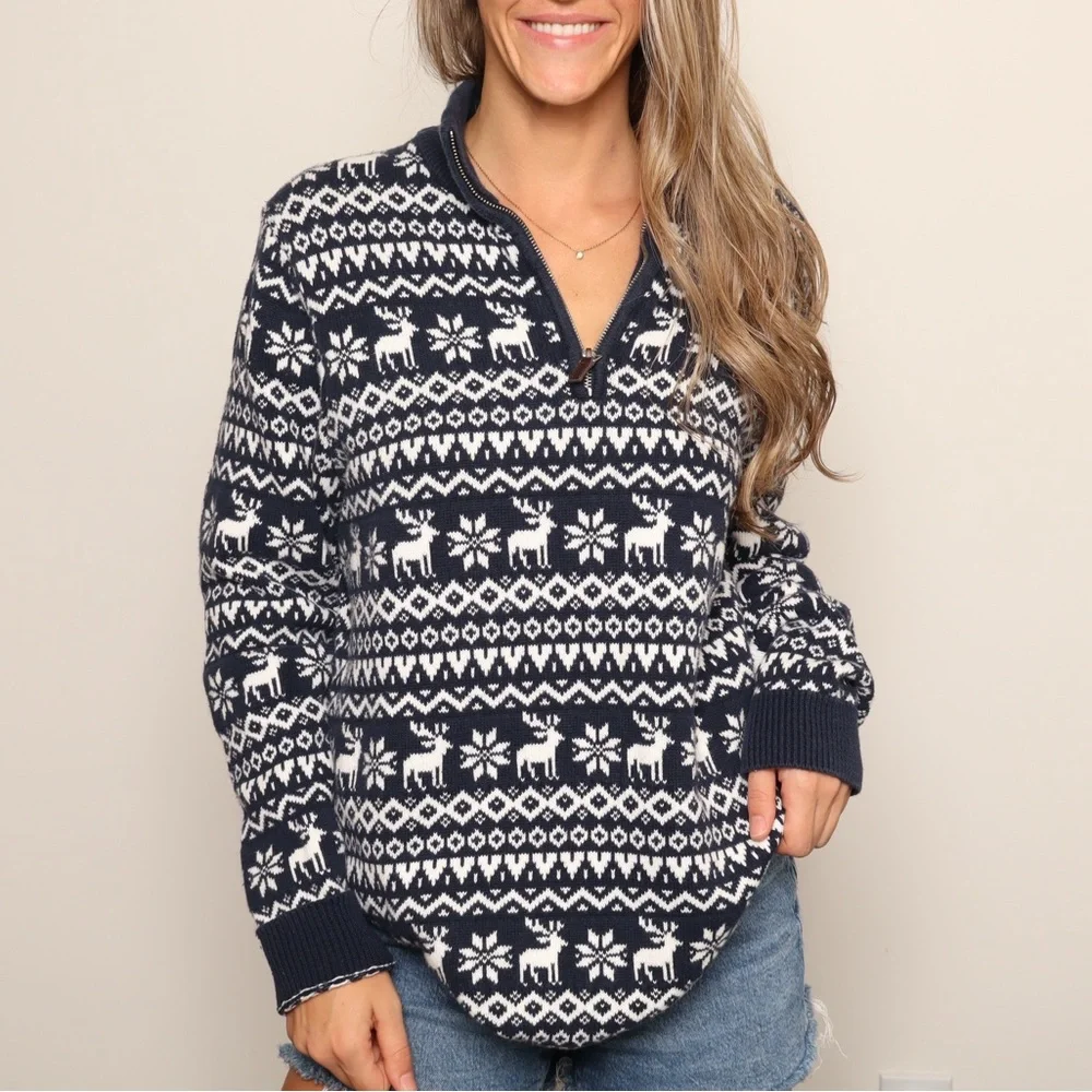 ❄️ 100% Cotton Longline Nordic Design Navy and White Reindeer Pattern Sweater - Picture 2 of 4